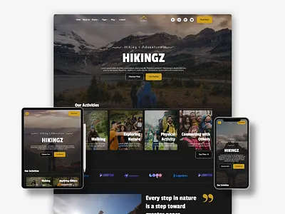 Hiking & Explore Website Design (Elementor Kit) adventure design clean design elementor kit hiking website modern ui nature design responsive design template kit tour agency travel website ui web design web interface website ui