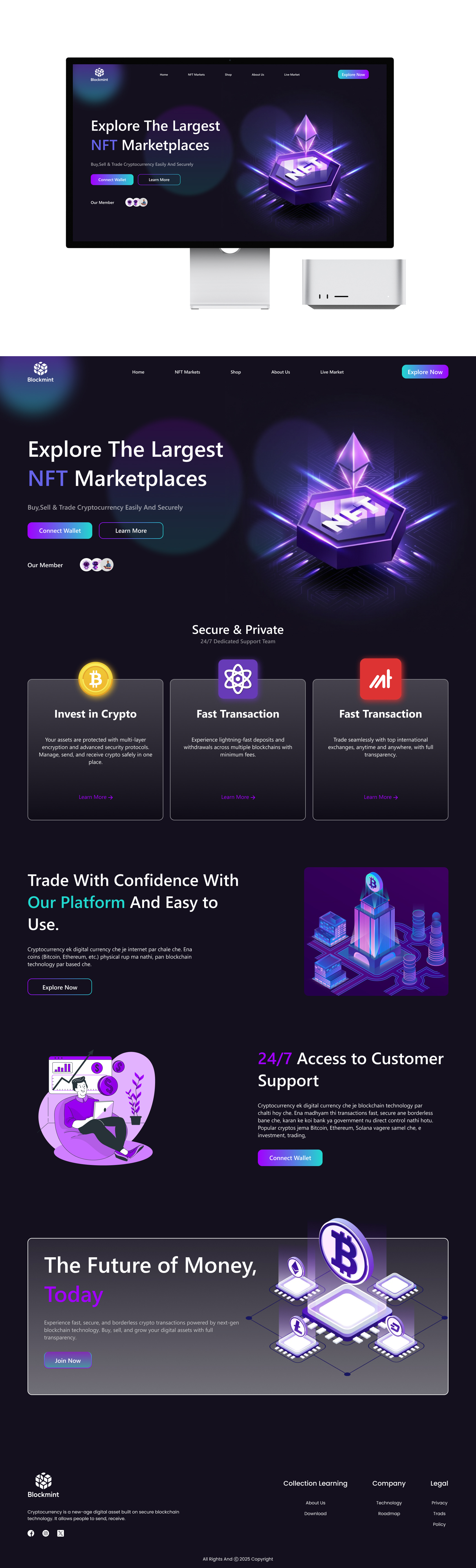 NFT Marketplace Landing Page – Modern Crypto UI/UX Design blockchain crypto cryptodesign cryptoui darkmode figma fintechdesign futuristicdesign landingpage nft nftmarketplace uidesign uxdesign web3 webdesign