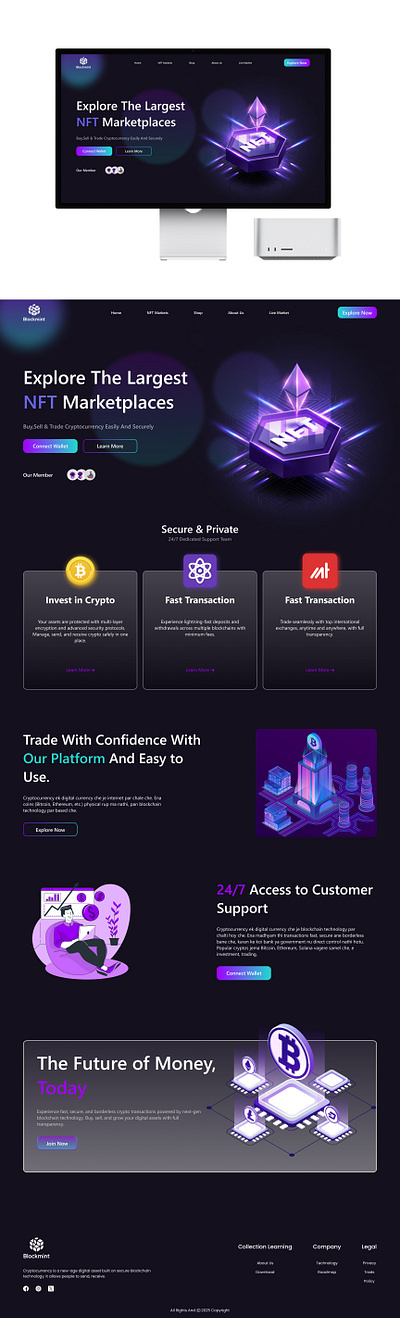 NFT Marketplace Landing Page – Modern Crypto UI/UX Design blockchain crypto cryptodesign cryptoui darkmode figma fintechdesign futuristicdesign landingpage nft nftmarketplace uidesign uxdesign web3 webdesign