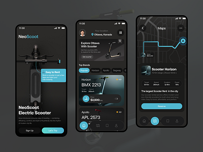 NeoScoot - Electric Scooters Rent App app app design bike share charging clean design electric ev ev rent ev green energy mobile mobile app rent rental rental app ride app ride booking ride sharing app route ui