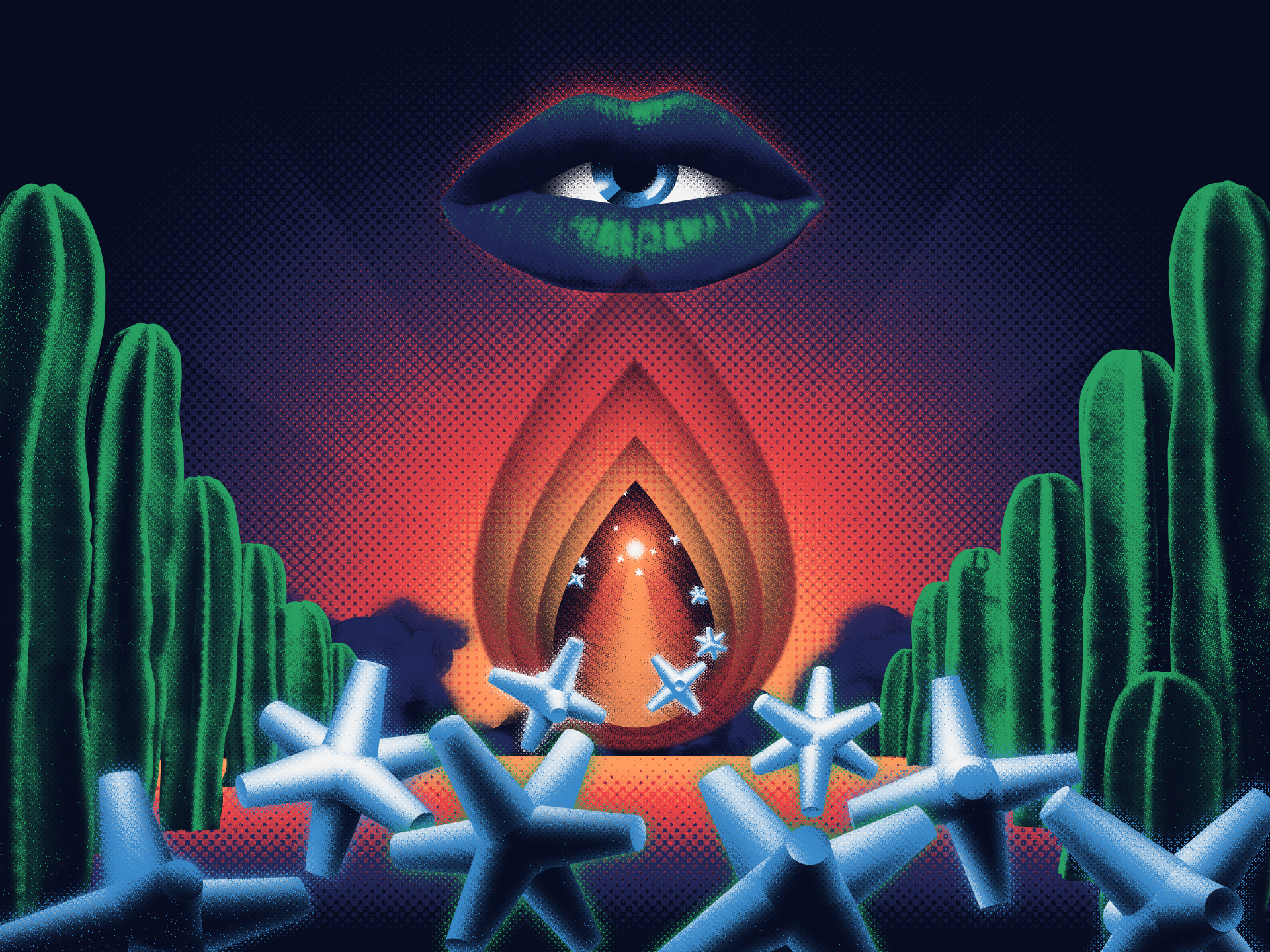 Starfall black hole cactus desert eye graphic design illustration star starry sky