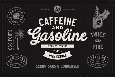 Caffeine & Gasoline Fonts + Extras branding caffeine gasoline fonts extras extra bonus font bundle ligatures logo font logo script logo templates new retro retro script font signage texture brush vintage vintage label