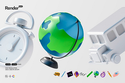 Back to School 3D Icons 3d asset 3d icon 3d illustration academic back to school backpack books education excitement fresh start knowledge new year notebooks school bus vback to school 3d icons