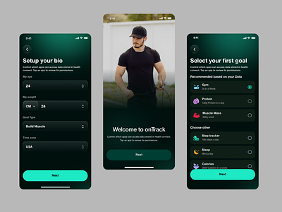 OnTrack Fitness App design - Profile Setup Flow app app design app intreface dark mode interface fitness fitness app fitness app design fitness tracker ios app mobile mobile app mobile app design mobile application product design uiux