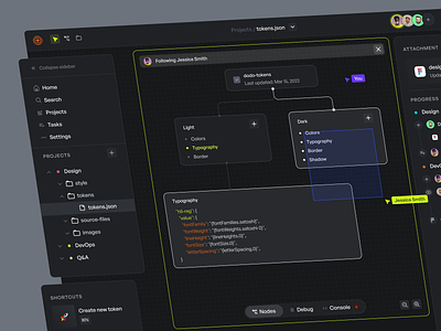 Design Tokens Management - Nodes Canvas activities canvas code console dashboard debug design design system editor layers management menu navbar node nodes progress shortcuts sidebar system tokens