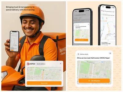 Designing Trust with a Delivery Mobile App clean delivery boy driving map mobile app modern mobile app orange parcel ui ux design visual