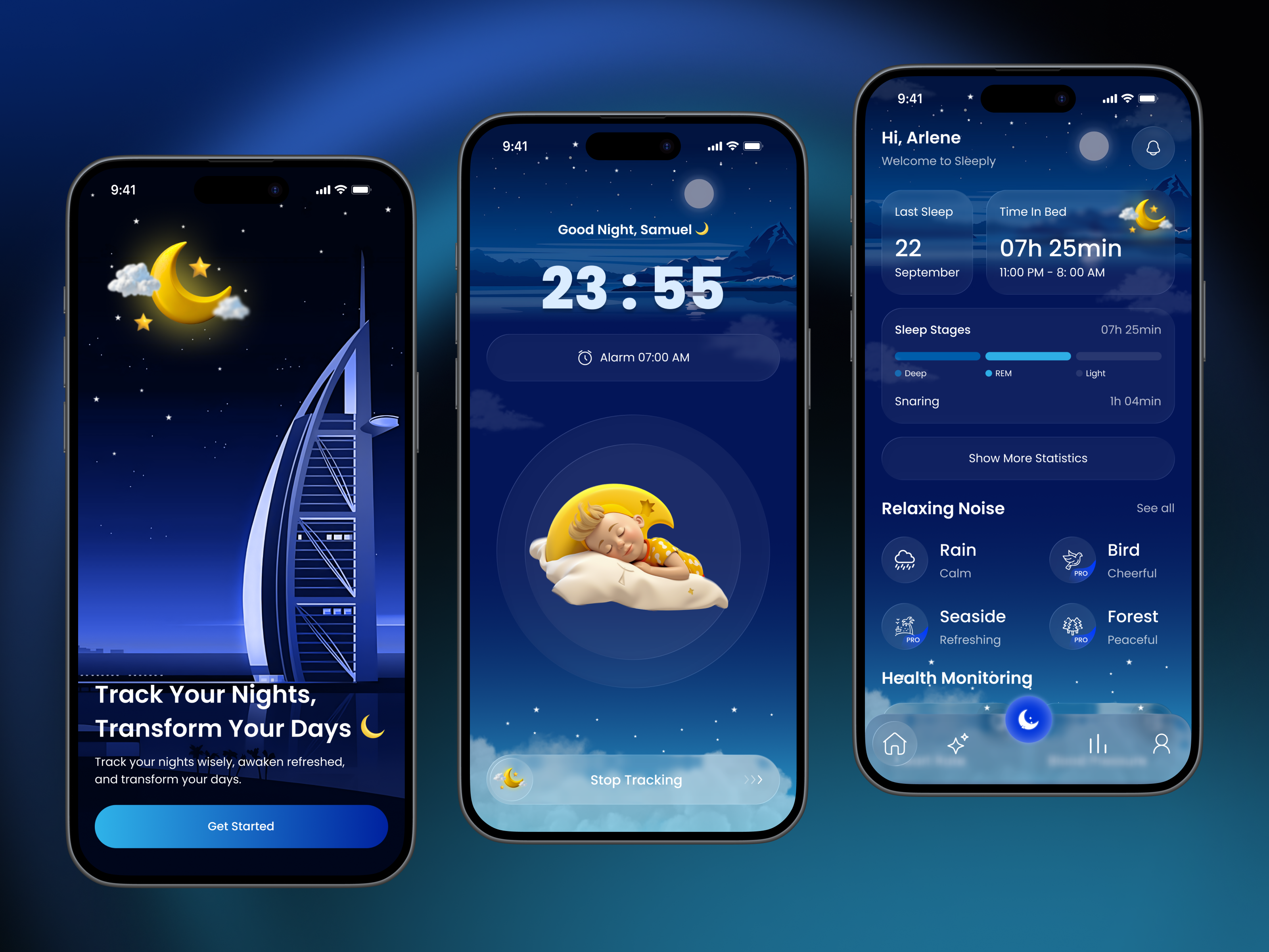 AI Sleep Tracker App ai ai app ai healthcare app alarm clock app design dreem tracker health tracker heathcare mindfulness mobile mobile app relaxation self care sleep sleep app sleep monitoring sleep tracker tracking wellness app