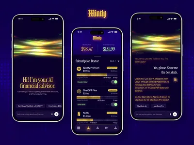 AI Financial Assistant – Mobile App UI ai analysis ai animation ai chatbot banking app crypto chat crypto wallet digital wallet finance app financial assistant fintech application fintech saas investment app mobile dashboard mobile fintech mobile ui design money management neo bank payment app product design trading