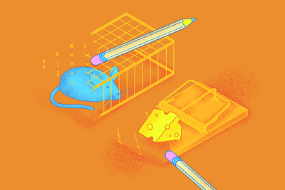 Get the Cheese! 2dart editorial illustration eraser erasing illustration mouse mouse hunt mouse trap mousetrap orange pencil