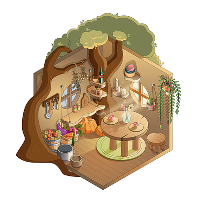 TREE HOUSE ISOMETRY cozy flowers illustration isometry vector