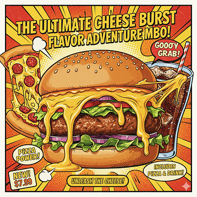 UNLEASH THE CHEESE! behance burger burger time cheese burst cheesy goodness cheezious colddrink comfort food dribbble eat drink enjoy fast food food combo food lovers foodie graphic design illustration pizza unlash the cheese