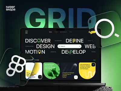 💡Web design for the Technical Blog | Hyperactive blog colors commercial website creative dark design graphic design green grid hyperactive landing page product design ui uiux user experience user interface ux web design website yellow