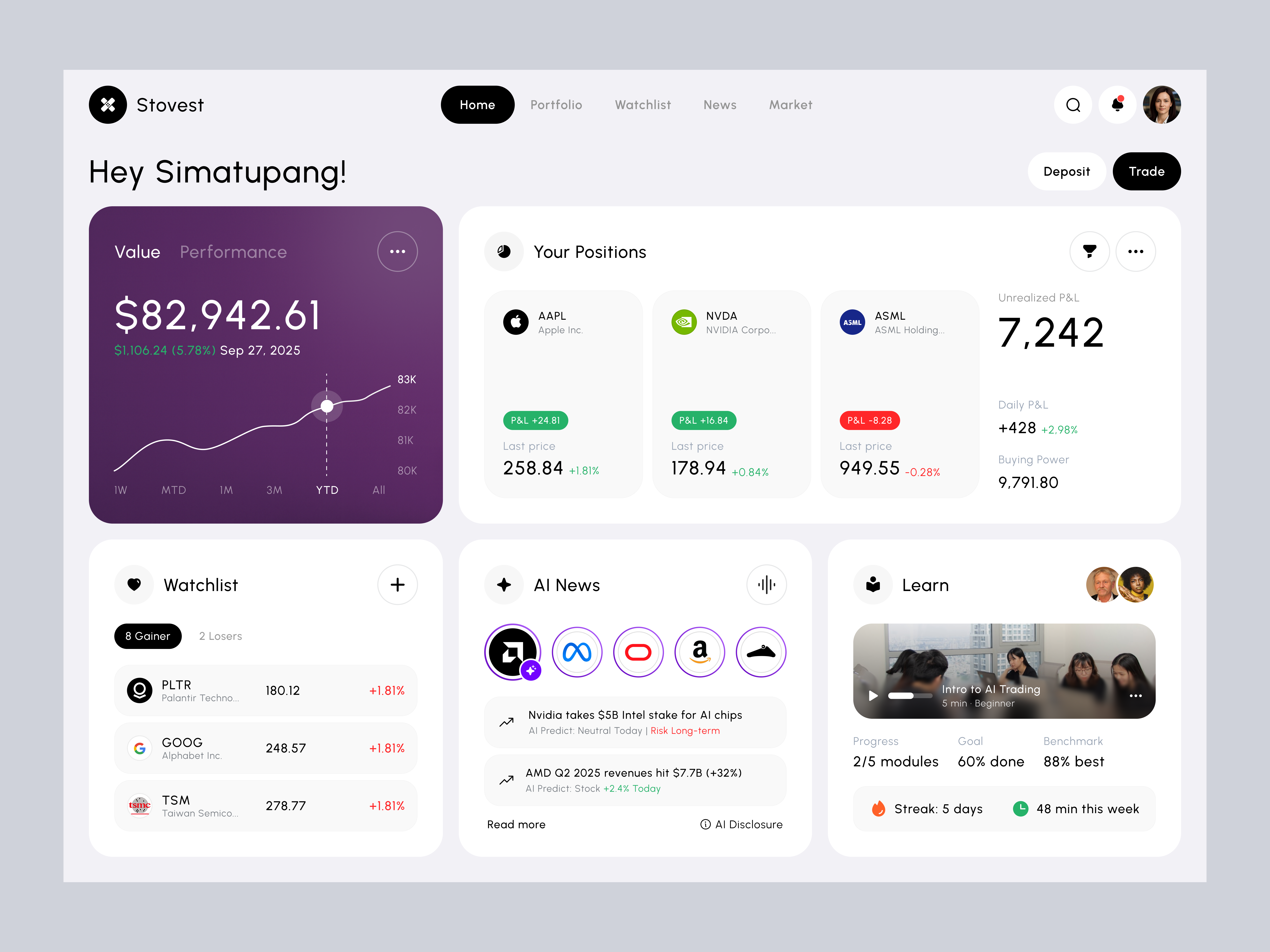 Example of Stovest – Modern Minimalist Investment Dashboard