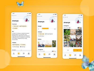Profile Card (Roommate matching app) app design branding bumble card dating graphic design logo matching mobile mobile design mobile ui profile profile card swiping ui ui design user user profile ux xscsdc