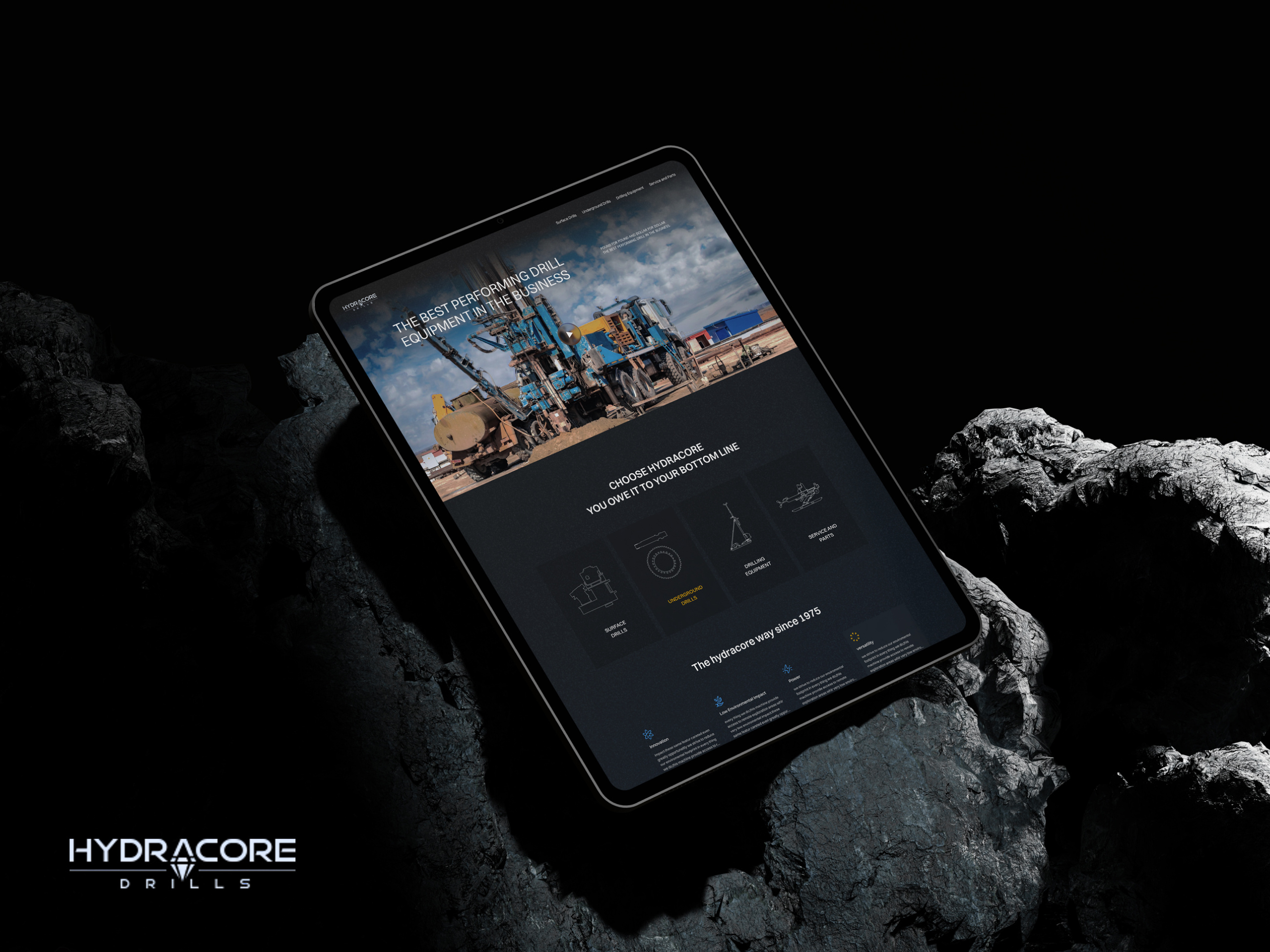 Drills & Construction Tools – Landing Page Design branding company construction corporate dark dark ui drills landing linear minimal design official responsive site sleek ui web web page