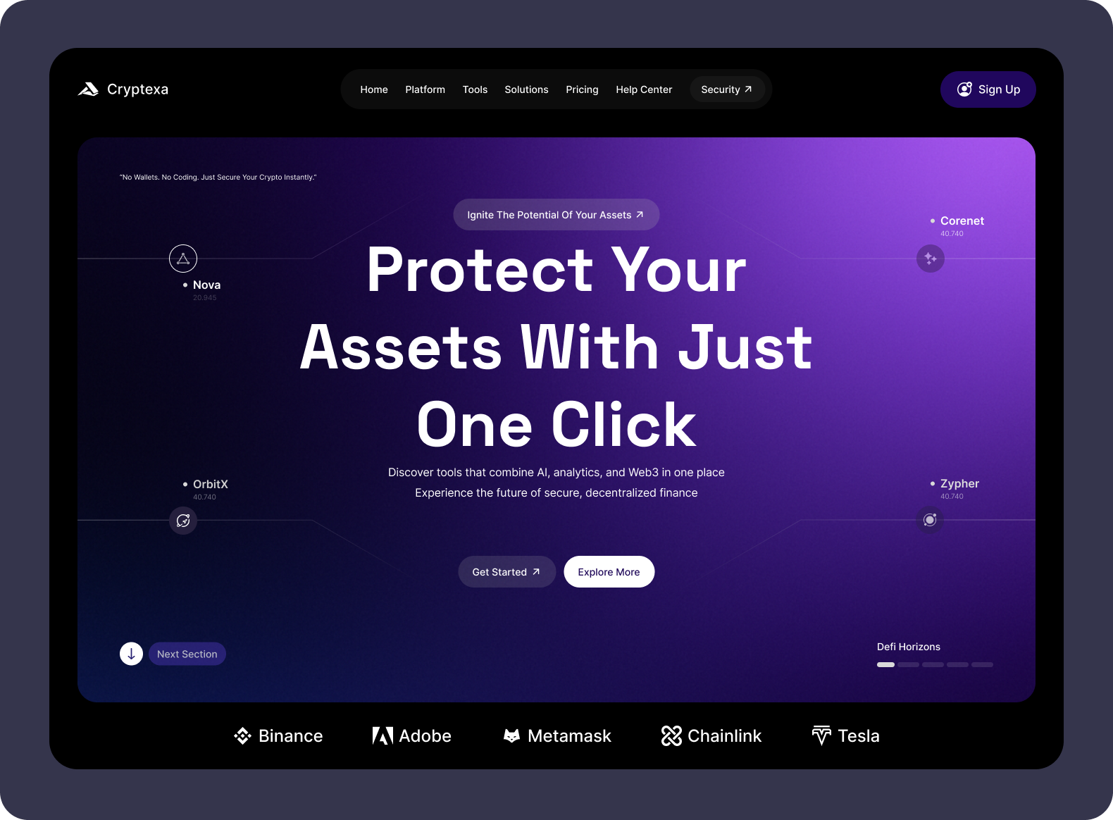 Protect Your Assets With Just One Click – Cryptexa ai platform crypto fintech futuistic design gradient ui landing page modern website security app web 3