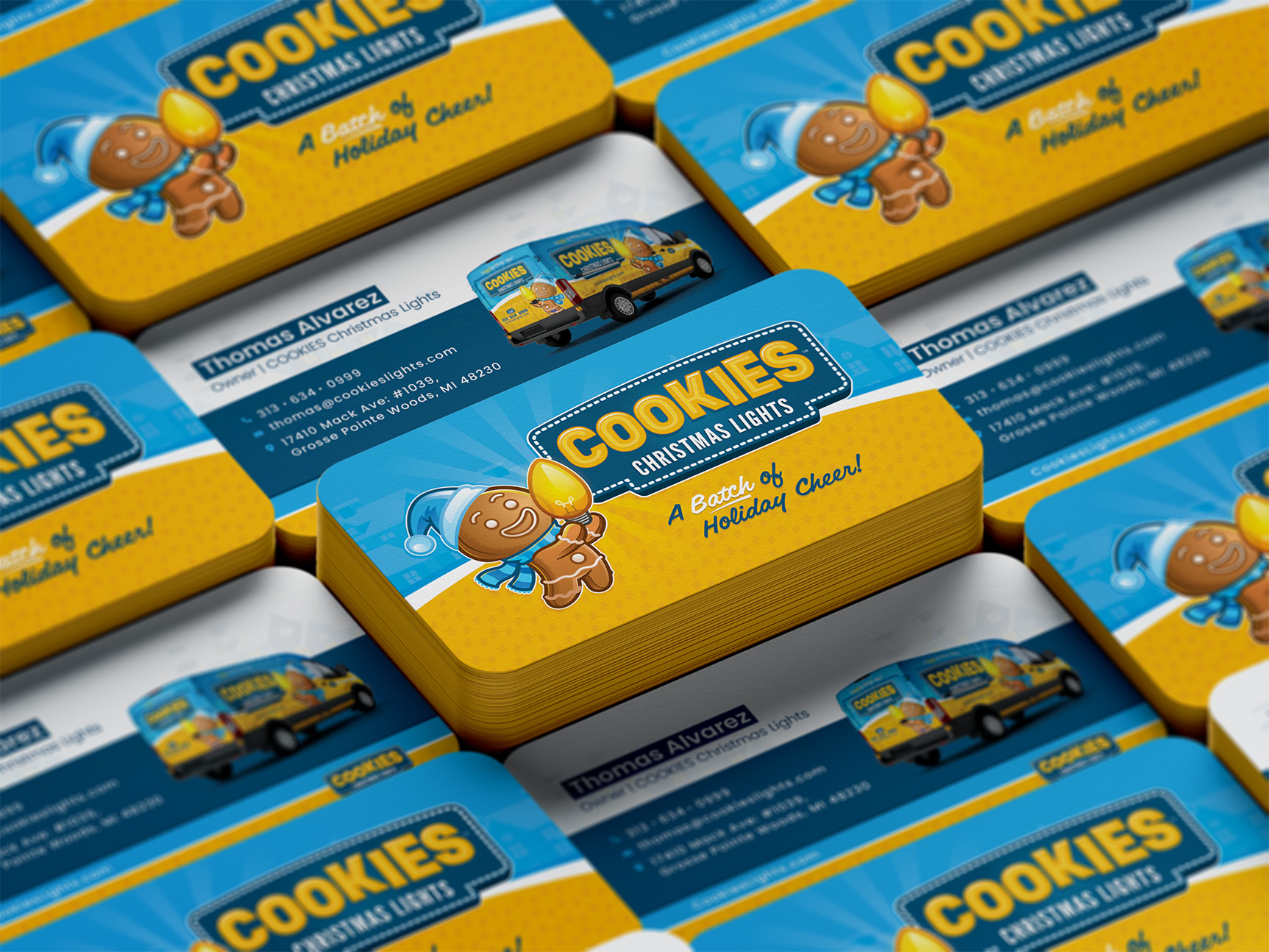 COOKIES Christmas Lights 🎄🍪💡✨ bold brand identity branding collateral design holiday lights home service hvac illustration logo mascot playful plumbing van wrap vehicle wrap