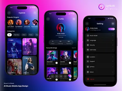 AI Music Mobile App Design. ai ai music app ai music player app design dark ui interface mobile app mobile application music music app player playlist podcast product design profile page setting page song spotify ui uiux