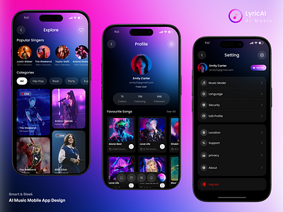 AI Music Mobile App Design. ai ai music app ai music player app design dark ui interface mobile app mobile application music music app player playlist podcast product design profile page setting page song spotify ui uiux