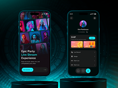 Live Video Streaming App - Onboarding & Profile Screen app design clean ui dark mode dashboard ui entertainment app flat design ios live broadcast live streaming media app mobile app mobile interface onboarding product design social app streaming app ui design uiux video app