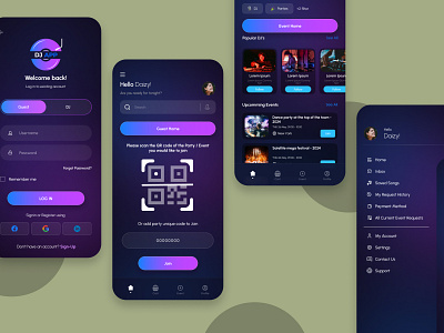 DJ Mobile App Concept aesthetic ai design android desig creative design dailyui dark mode design of week dj app inspiration ios design landing page login menu design mobile app qrcode sign up splash screen trends 2026