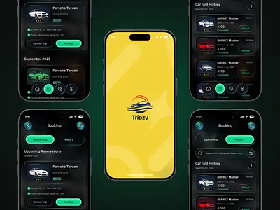 Car Rental App – Reservation & History Pages app concept app screens booking app car rental app clean design dark mode futuristic design graphic design history page interaction design minimal ui mobile app design mobile ui modern app product design reservation ui travel app ui design uiux ux design