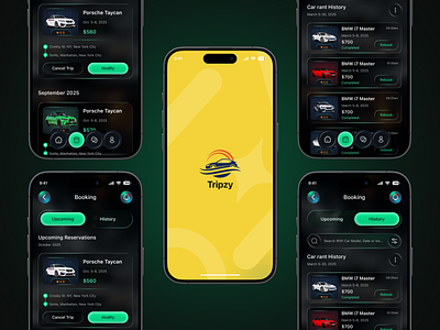 Car Rental App – Reservation & History Pages app concept app screens booking app car rental app clean design dark mode futuristic design graphic design history page interaction design minimal ui mobile app design mobile ui modern app product design reservation ui travel app ui design uiux ux design
