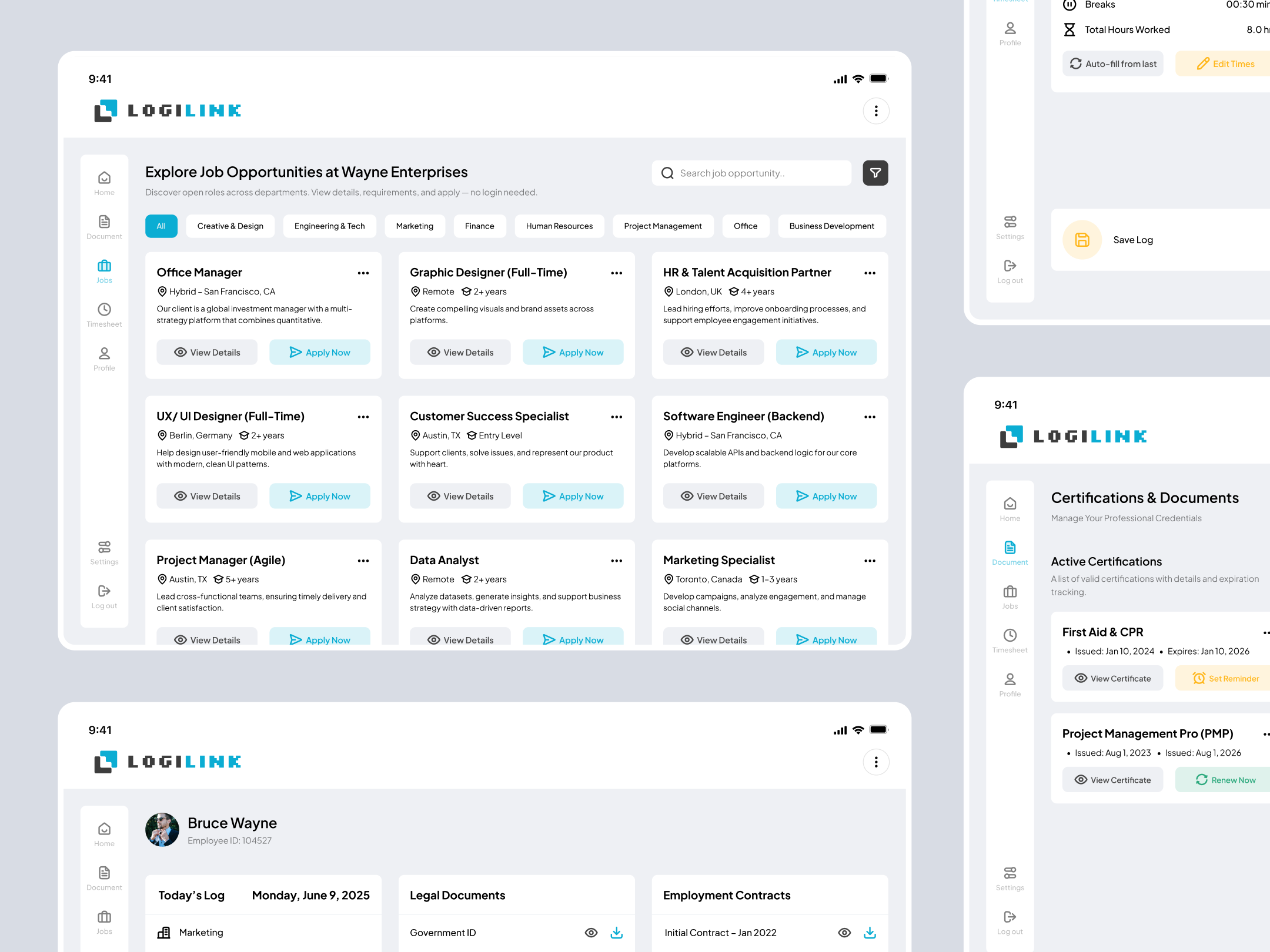 LogiLink | Tablet App Design🧑‍💻 app connected credentials data design employee illustration job board login mobile protection service suarasa support tablet tools ui website workplace