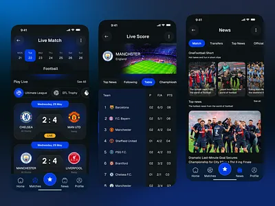Football Live Scores / Analytics App football app game score gamification live score match tracker ui mobile mobile app modern app sport app sports app sports news app tournament ui ux world cup