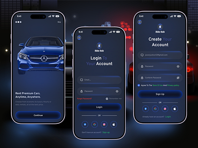 Car Rental Mobile App - Sign In & Sign Up Screen app design booking app booking car car app car rent service car rental car rental app car rental app concept car rental app ui login page luxury car rent mobile app mobile ui rent a car rental company saas sign up page travel ui visual design user onboarding