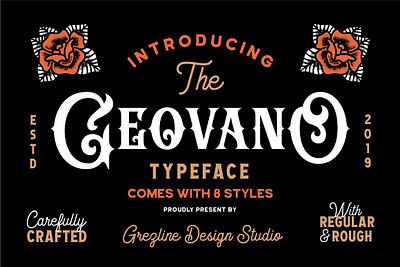 Geovano - Vintage Font Family bold grunge display font elegant geovano vintage font family handcrafted font headline logo logotype oldstyle retro script serif font sophisticated stamp font victorian font vintage font