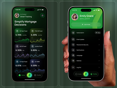 Home & Settings Screen UI Design – AI Mortgage Rate Tracker App ai finance tracker ai mortgage app app design dashboard ui finance app fintech mobile app home screen mobile mobile app mortgage tracker ui settings screen