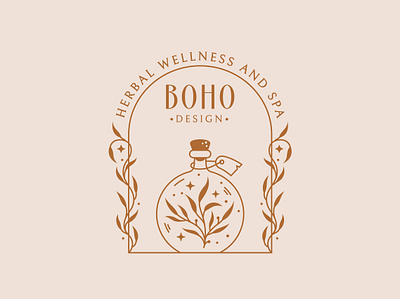 Boho logo with magic herbal potion aromatherapy boho bottle branding design emblem graphic design herbal line logo magic potion vector wellness