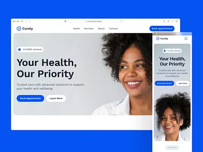 Curely — Clean Modern Health Care Website for Clinics & Doctors ai clean clinic website doctor website figma framer health care website landing page medical website modern ui ui design ux ux design web design webflow website wellness design