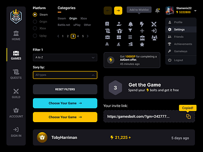 GamesBolt Dashboard UI Elements achievement arrow button dashboard gaming icons input filed navigation pagination radio button sidebar styleguide ui ui elements