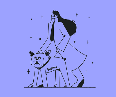 Dog walking😜 2d character design commercial illustration dog illustration dog walking freelance illustrator french bulldog illustration frenchie art frenchie illustration illustration line art linear style illustration procreate