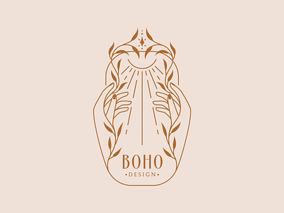 Boho logo with female hands, plant and sun beauty boho branding design emblem graphic design hand leaf light line logo nature plant sacred sign sun sunrise vector woman