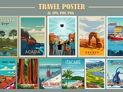 Travel Posters Around The World. adventure wall art beach travel poster city travel print gift item home decor illustration landscape poster national park poster poster for living room retro poster travel posters vector art vector art poster vintage art vintage poster wall art poster