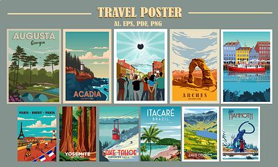Travel Posters Around The World. adventure wall art beach travel poster city travel print gift item home decor illustration landscape poster national park poster poster for living room retro poster travel posters vector art vector art poster vintage art vintage poster wall art poster