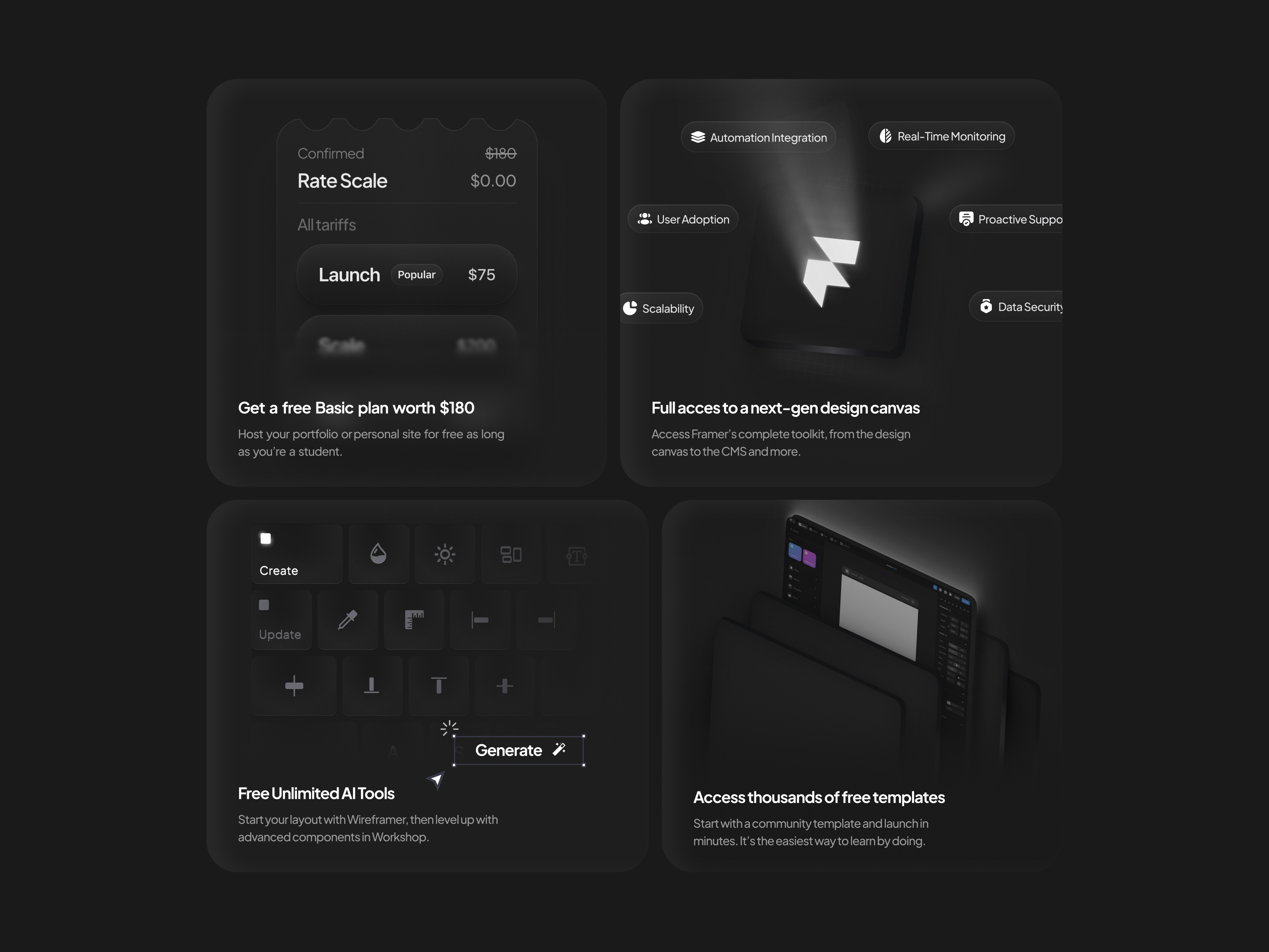Framer Bento Cards — Dark UI Collection bento bento card bento card design bento design card card design design figma figma design framer framer bento framer design ui uiux ux uxui