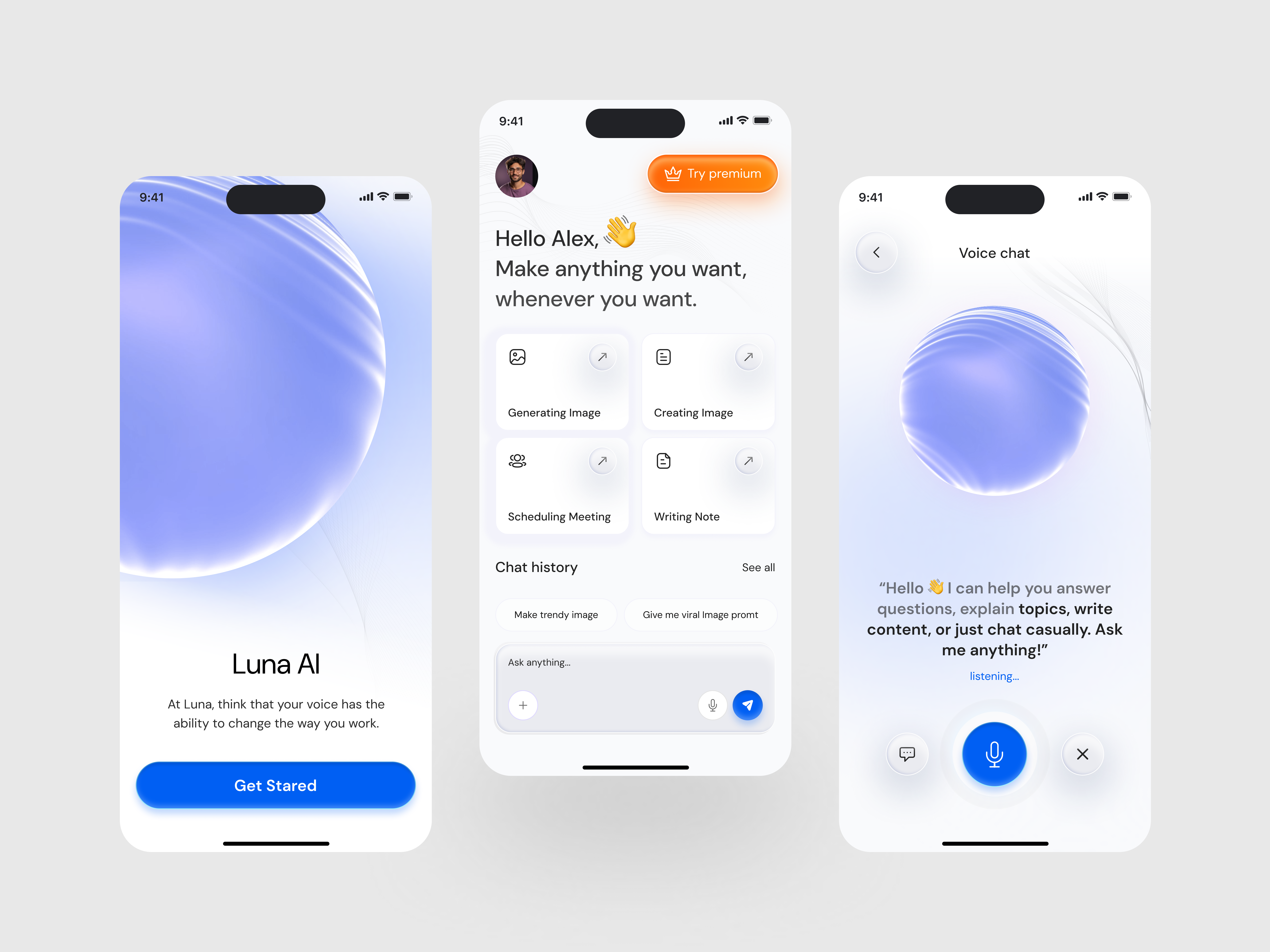 Luna AI – Voice Assistant App Design ai assistant ai voice recognition app app app design app ui ios app mobile mobile app mobile app concept mobile app design mobile application modern app design product design saas uiux voice assistant app