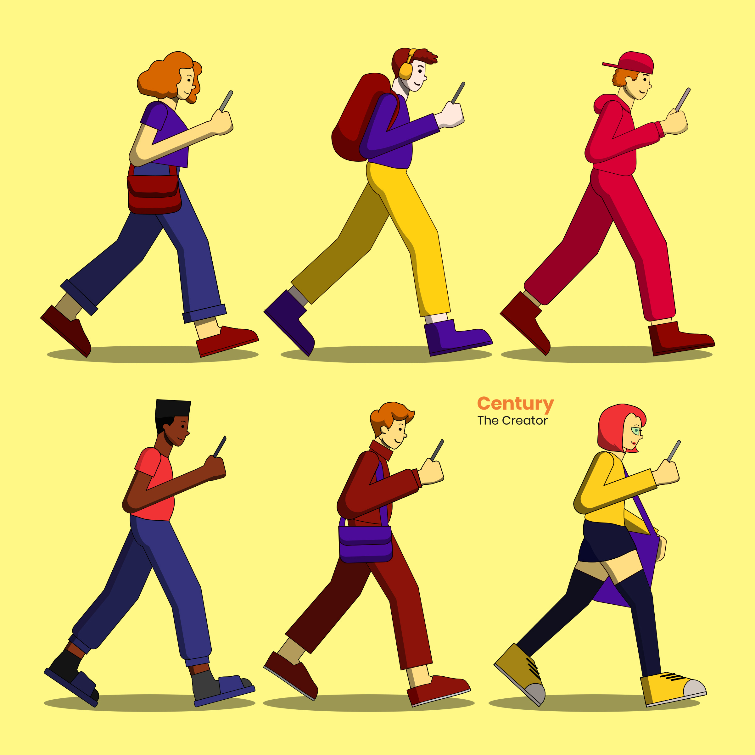 Scroll Culture: Bright Vector Character Set With Smartphones adobeillustrator brandillustration character design design digitalart editorialillustration flatillustration illustration techillustration