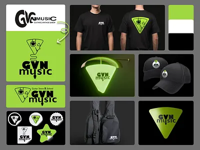 GVNmusic Logo Redesign 3d animation badge blender blender 3d branding emblem guitar guitar pick label logo logotype merch motion graphics music shop playoff rebranding stickers t shirt visual identity