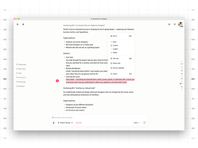 AI-Assistant for Telegram | Pt. 9 ai assistant aiux analytics chatbot ui dashboard design data visualization notes notion obsidian personal workspace product design saas telegram text editing ui ux