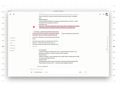 AI-Assistant for Telegram | Pt. 10 ai assistant aiux analytics chatbot ui dashboard design data visualization notes notion obsidian personal workspace product design saas telegram text editing ui ux