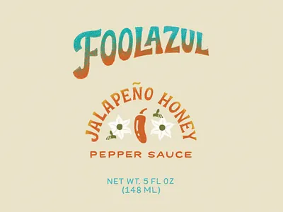 Foolazul Hot Sauce bees branding flowers gradient hand drawn hand lettering honey hot sauce illustration jalapeno label design lettering packaging pepper texture typography vintage lettering