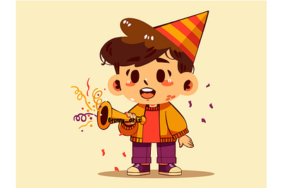 Boy Wearing Colorful Party Hat and Holding Trumpet anniversary bday birthday celebration character cultre enjoyment entertainment event festival festive garland gathering gift happy holiday interactive party reveillon traditions