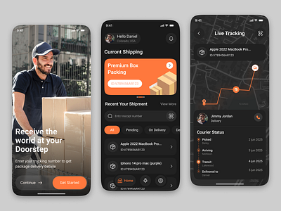 Parcelly – Package Delivery & Live Tracking App UI app design courier service dark mode delivery app delivery service location tracker map ui mobile mobile app mobile app design online delivery app order package delivery parcel application design popular tracking app transport transport service trendy app ui design