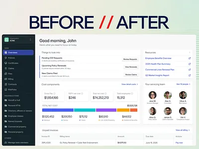 Newfront Dashboard – Before & After Redesign ai saas analytics app design before vs after best designers best ux design agency bottomlineux copilot dashboard data visualization insurance insurancetech mafruh newfront pwa saasfactor sohag ui ux ux roast