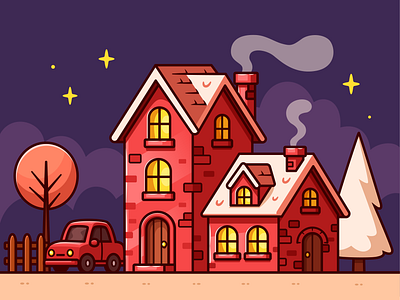 Cozy House🏠✨ architecture branding building car cartoon cozy decor doodle exterior flat garden home house icon illustration interior logo night tree
